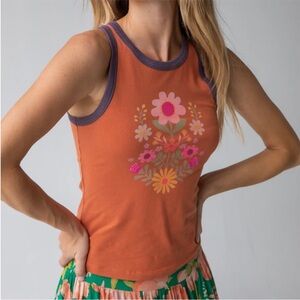 Natural Life Large Folk Flower Ringer Tank Orange Boho Hippie Groovy Granola